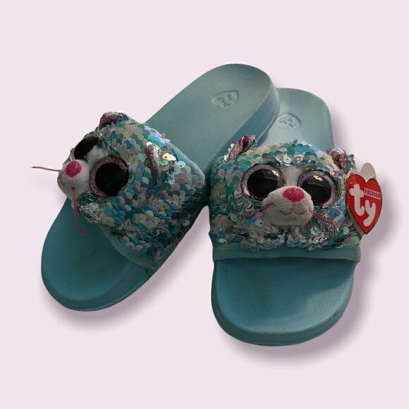 Ty Whimsy Cat Reversible Sequins Slide On Flip Flops Girls Size 1-3 - Picture 1 of 13